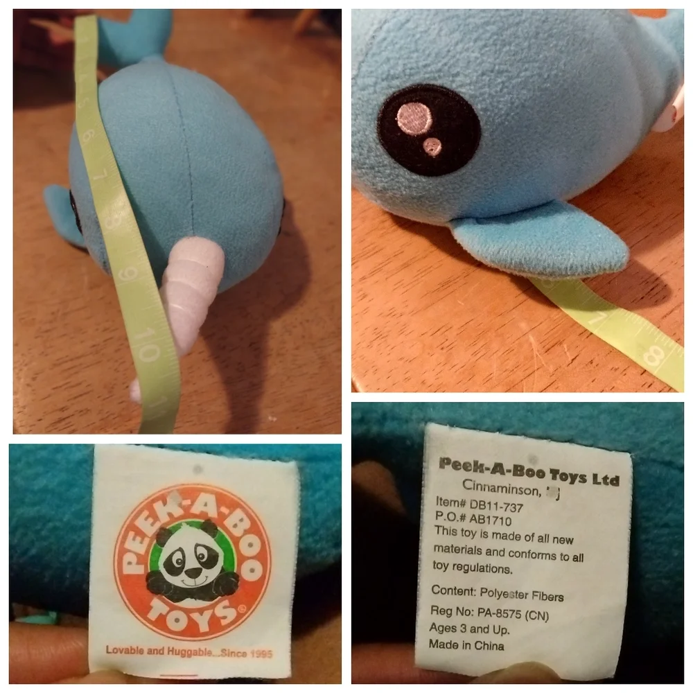✓Peek A Boo Toys BUBBLES the Narwhal light Blue white Horn Plush stuffed animal - Picture 10 of 10